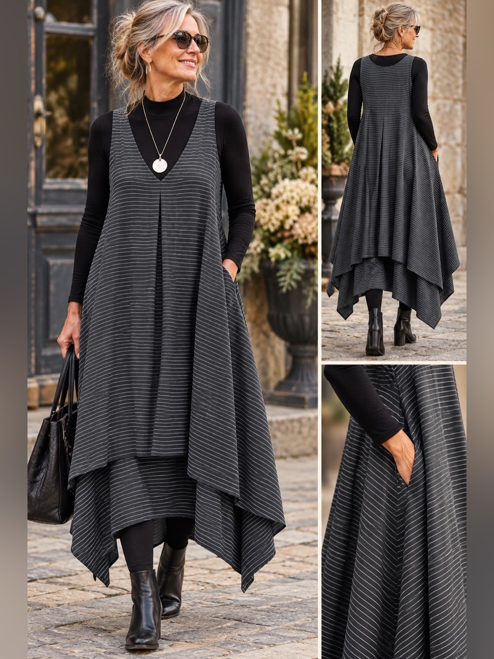 CREARE Germany Layered Pinstripe Lagenlook Dress Tunic OS Black